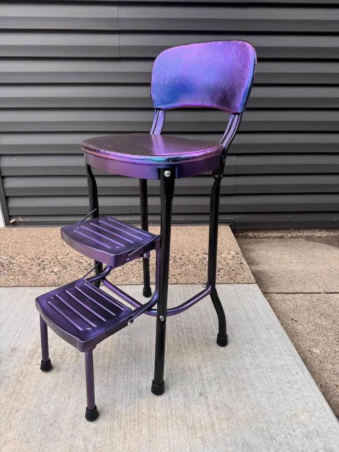 Restored mid-century step stool Cerakoted in FX-105 Mystique with H-109 Gloss Black legs, steps extended
