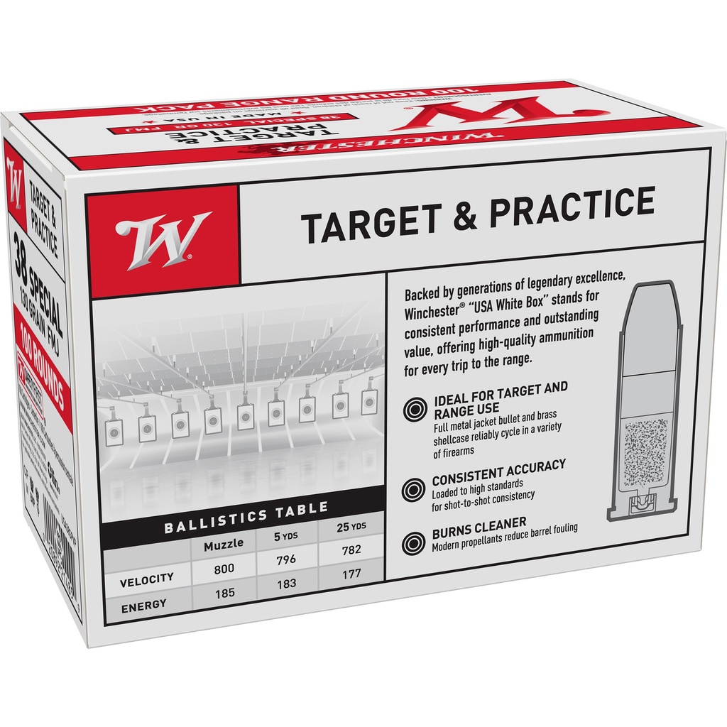 Winchester Ammunition WIN USA TRGT 38SPL 130GR FMJ 100/500 1