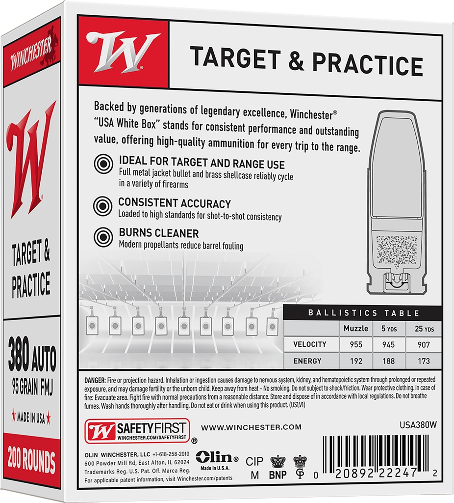 WINCHESTER AMMO USA 380ACP 95GR FMJ 200/5 2