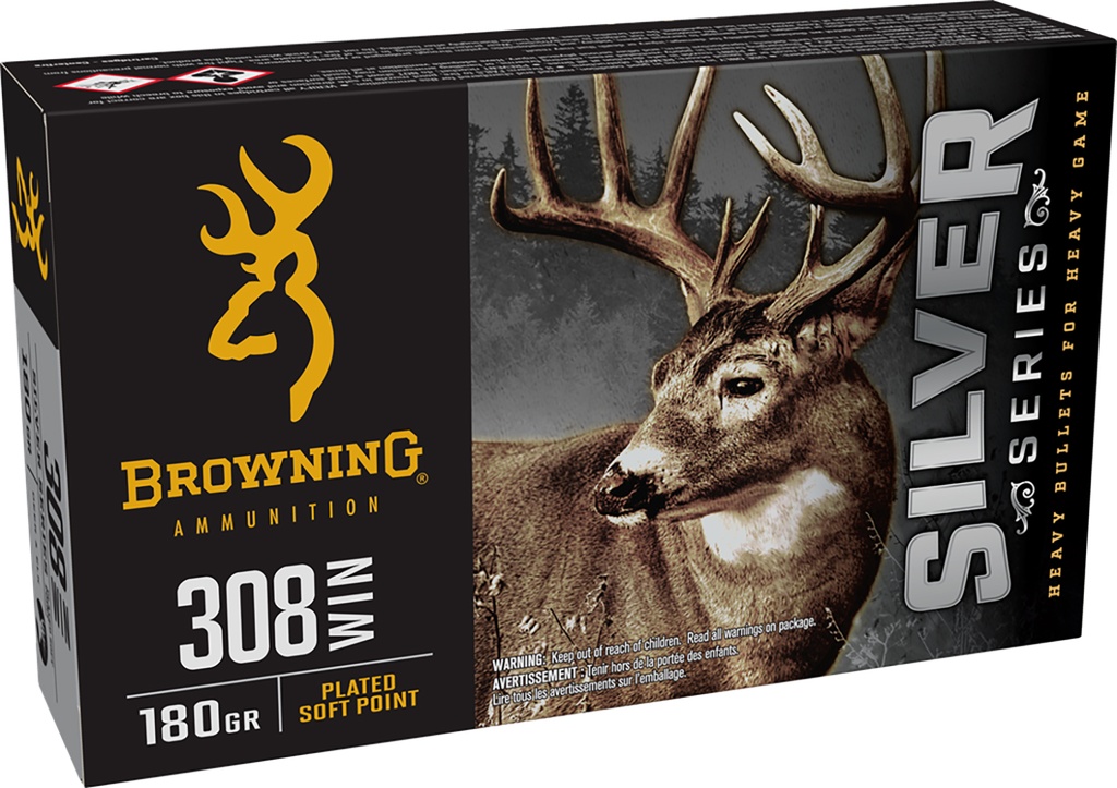 Browning Ammo B192603081  Silver 308Win 180gr Plated Soft Point 20 Per Box/10 Case 1