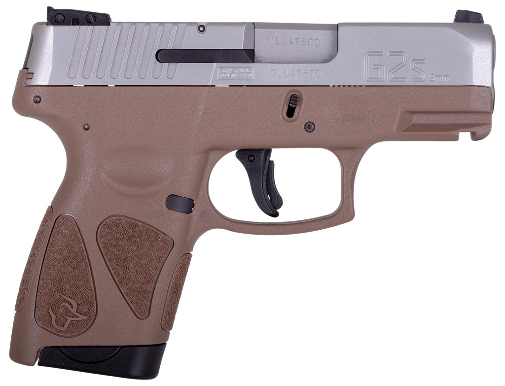 Taurus 1-G2S939B G2S  Compact Frame 9mm Luger 7+1 3.26" Matte Stainless Steel Barrel, Black Stainless Steel Serrated Slide, Brown Polymer Frame w/Accessory Rail, Black Polymer Grip 1