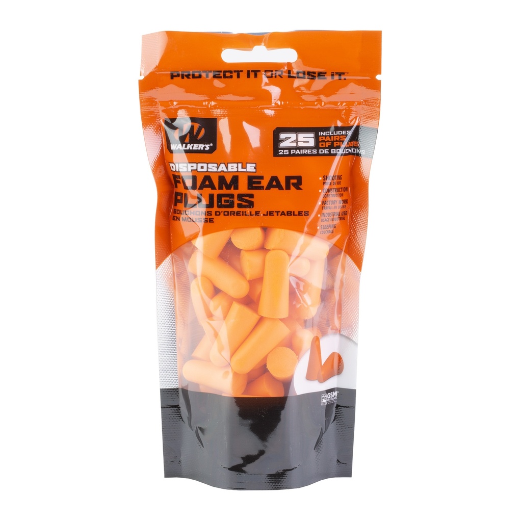 WALKER'S FOAM EAR PLUGS 25 PAIRS ORANGE