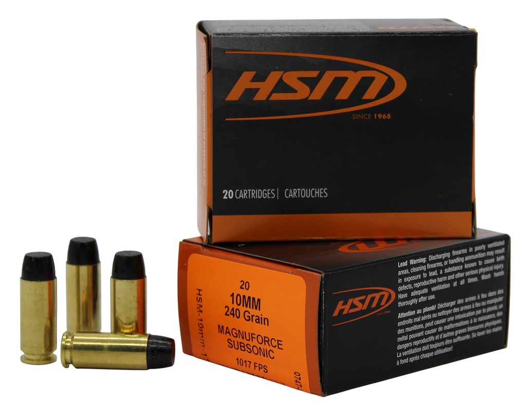 HSM AMMUNITION SUBSONIC 10MM HITEK 240GR HCFN 20/20