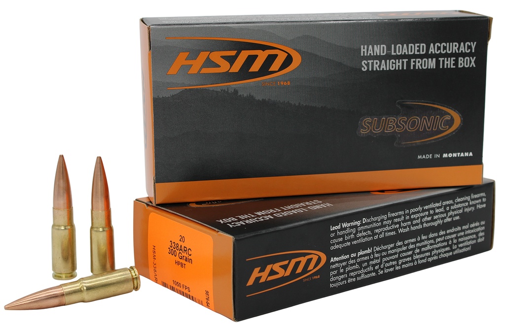 HSM AMMUNITION SUBSONIC 338ARC 300GR HP BT 20/25