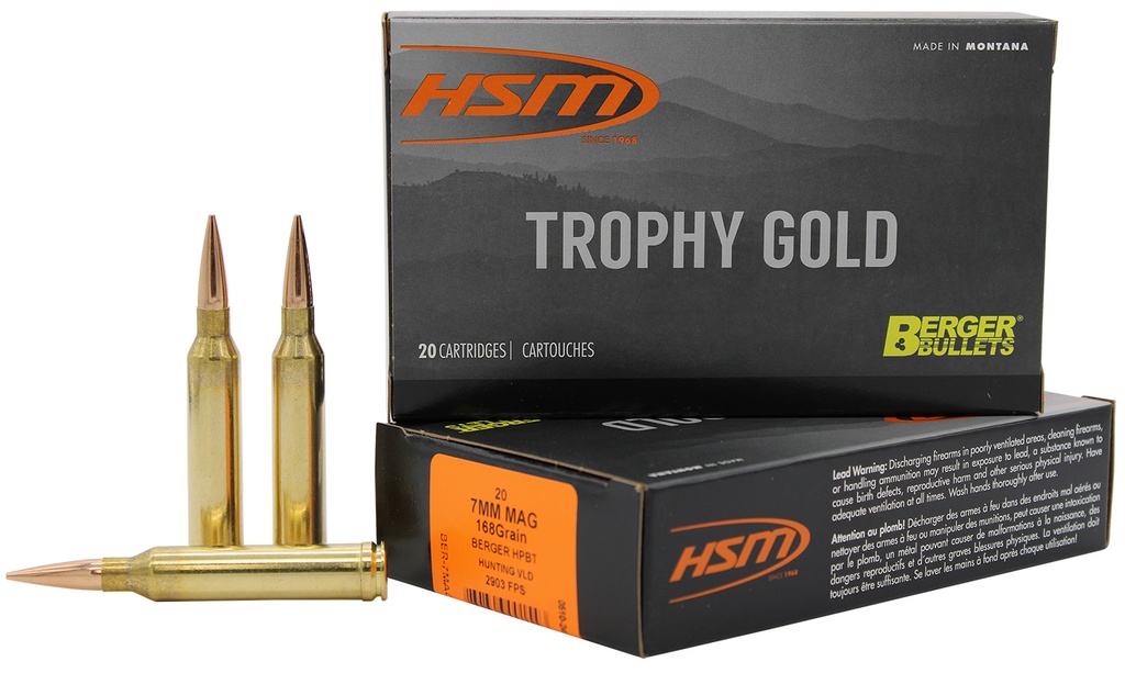 HSM AMMUNITION TROPHY GOLD 7MMREM 168GR BERGER VLD  20/20