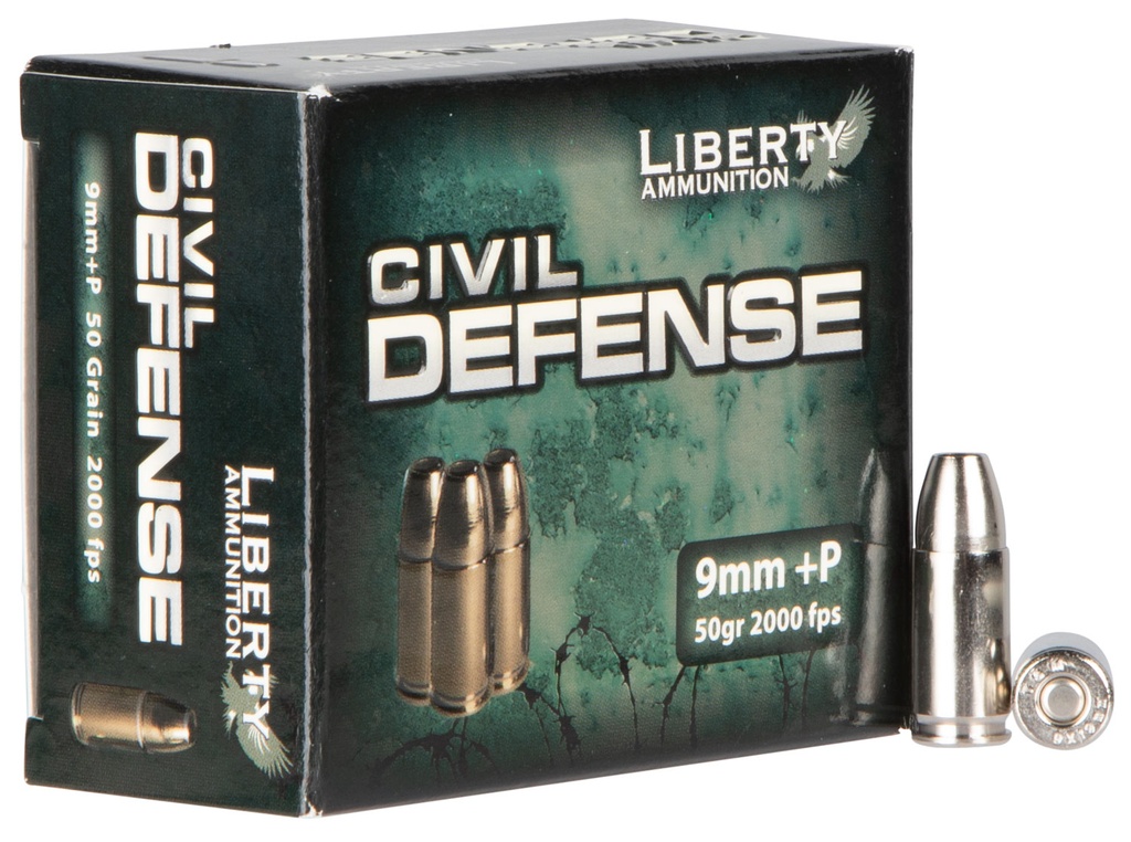LIBERTY AMMUNITION AMMO CIVIL DEFENSE 9MM +P 50GR HP 20/50