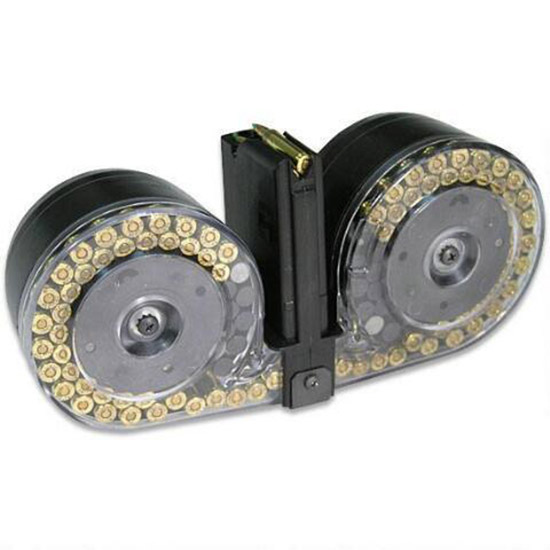 RED WHITE & BLUE DUAL DRUM MAG AR15 100RD BLK CLEAR FRONT