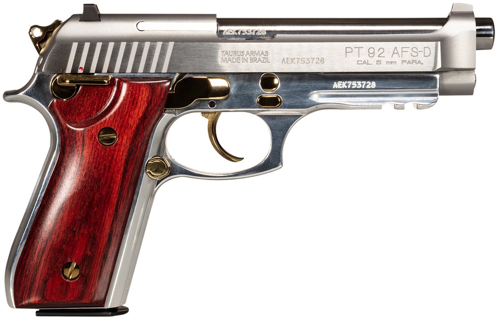 TAURUS PT92 9MM 5 SS GOLD ACCENT WOOD GRIPS 2 17RD