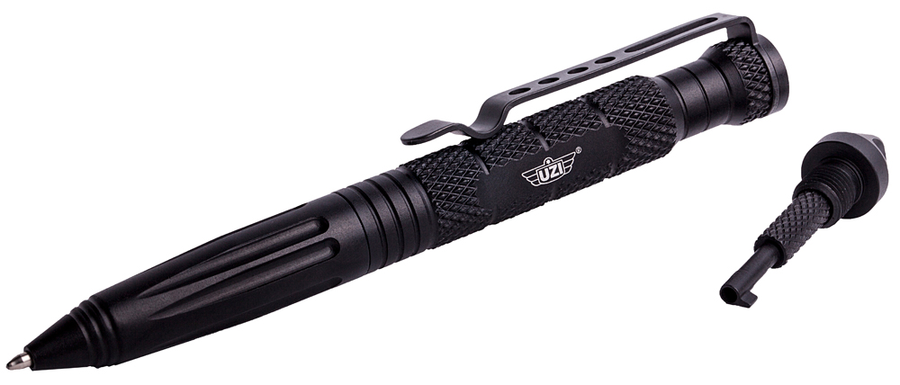 Uzi Accessories UZITACPEN6BK Tactical Pen  Black Aluminum 6" Features Glass Breaker/Cuff Key