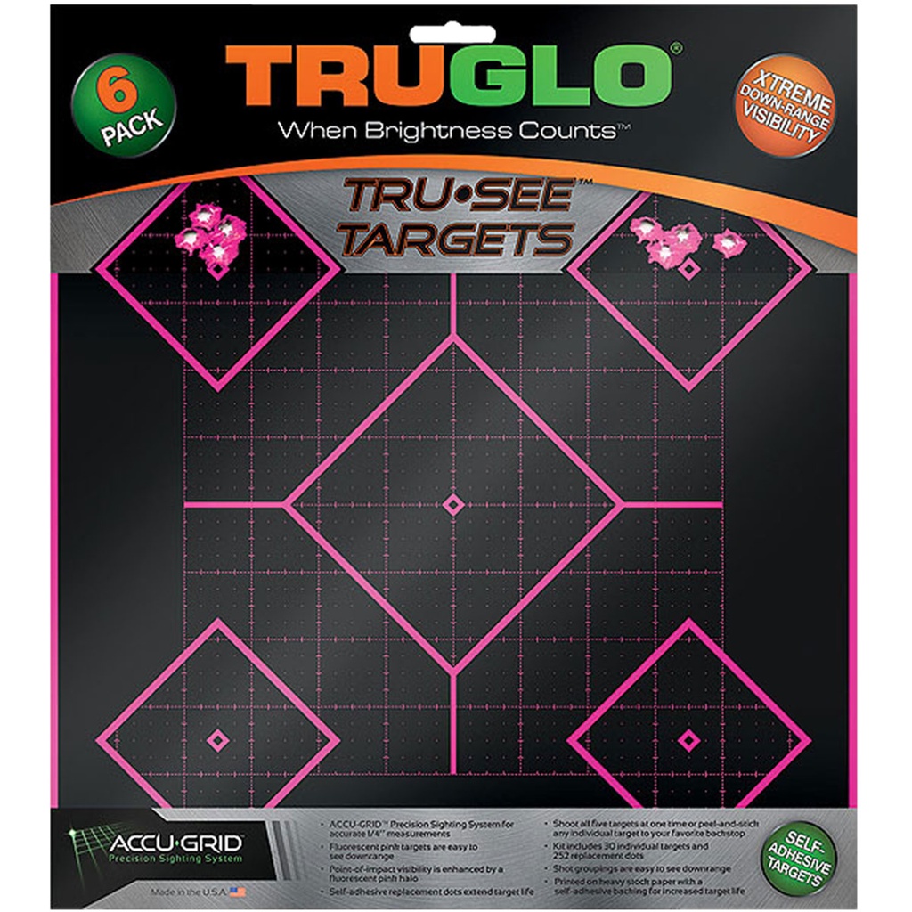 TruGlo TG14P6 Tru-See 5- Diamond Target Self-Adhesive Heavy Paper Black/Pink 12"x12" 6 Pack