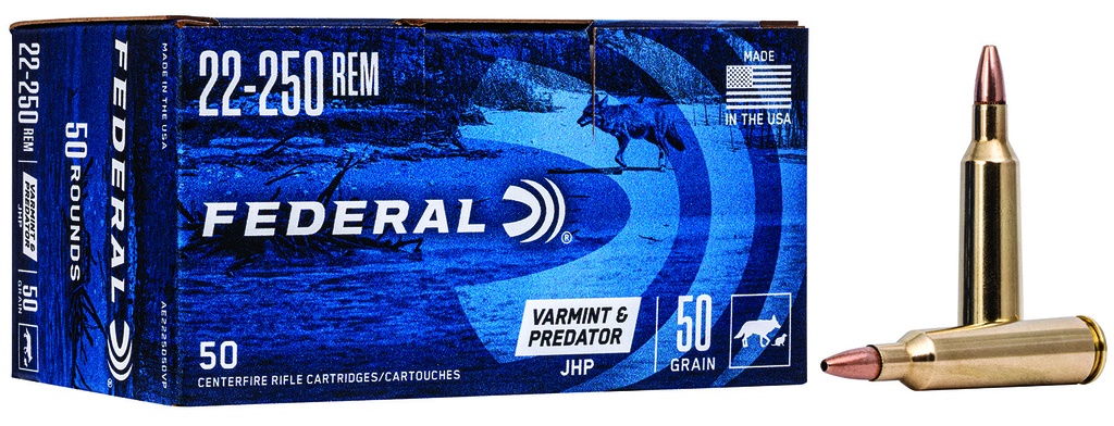 Federal AE2225050VP American Eagle Varmint & Predator 22-250Rem 50gr Jacketed Hollow Point 50 Per Box/5 Case
