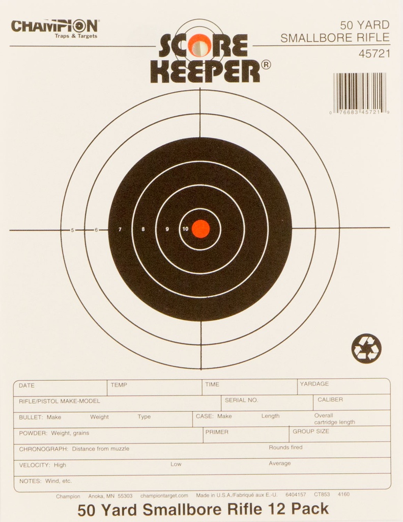 Champion Targets 45721 Score Keeper  Bullseye Paper 50 yds Small Bore Rifle 8.50" x 11" Black/Orange 12 PK