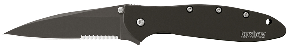 Kershaw 1660CKTST Leek  3" Folding Modified Drop Point Part Serrated Black DLC 14C28N Steel Blade Black DLC 410 Stainless Steel Handle Includes Pocket Clip