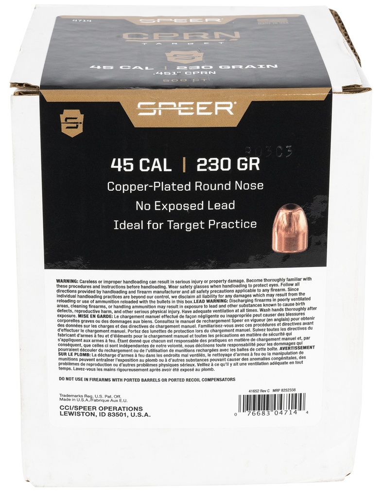 Speer 4714 Handgun  45Cal 230gr Round Nose 500 Per Box/3 Case
