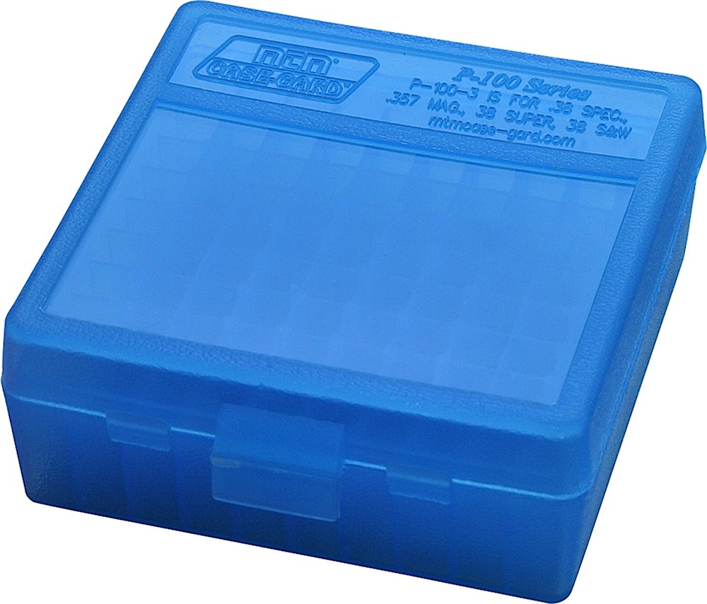 MTM Case-Gard P100324 Ammo Box Flip-Top Multi Caliber Handgun Clear Blue Polypropylene 100rd