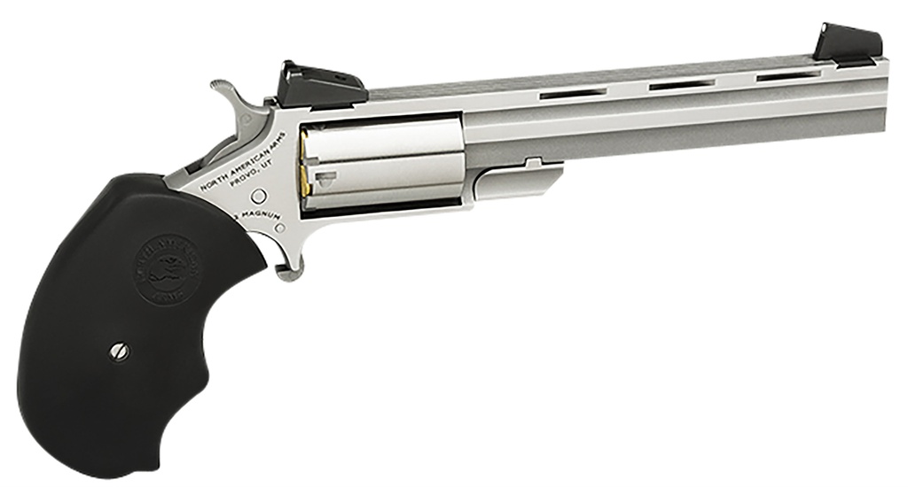 NAA North American Arms MMTL Mini-Master *CA Compliant 22 LR 5 Shot 4" Stainless Steel Vent Rib Barrel, Stainless Steel Frame, Stainless Cylinder, Black Finger Grooved Rubber Grip, Exposed Hammer