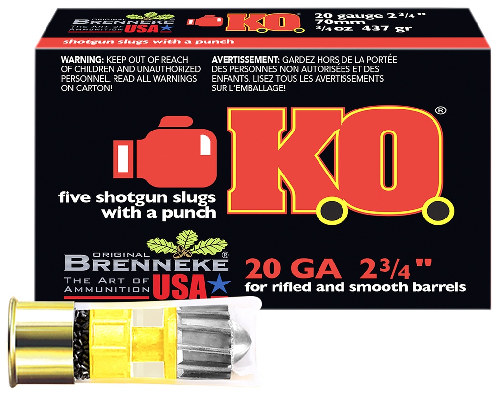 Brenneke SL202KO K.O.  20Gauge 2.75" 3/4oz Slug Shot 5 Per Box/50 Case