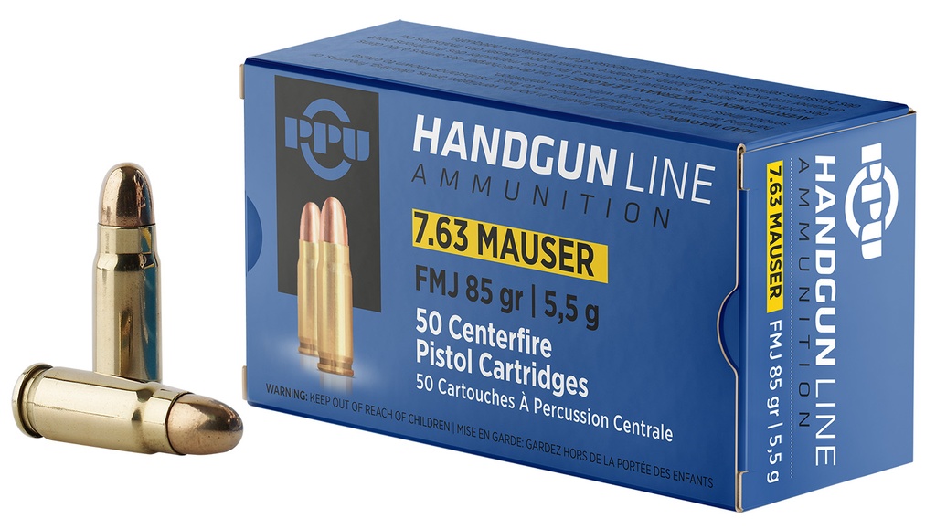 PPU PPH763 Handgun  7.63mmMauser 85gr Full Metal Jacket 50 Per Box/10 Case