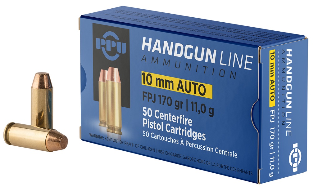 PPU PPH10F Handgun  10mmAuto 170gr Flat Point Jacketed 50 Per Box/10 Case