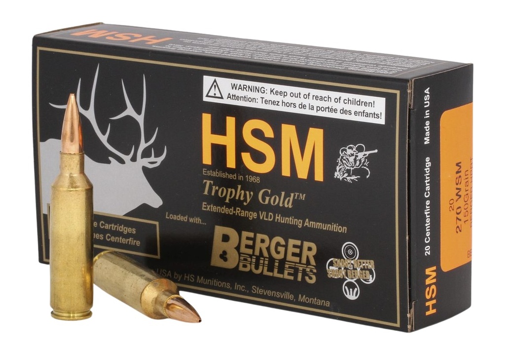HSM 270WSM150VLD Trophy Gold Extended Range 270 WSM 150 gr Berger Hunting VLD Match 20 Per Box/ 25 Case