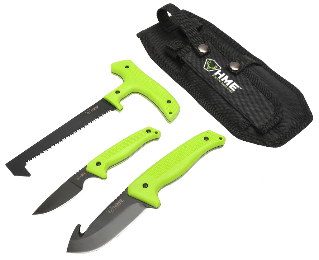 HME KN3PFK 3-Piece Field Kit Fixed 420HC Stainless Steel Black Oxide Thermoplastic Rubber Green 9.50" Gut Hook/8.75" Saw/7.50" Caper