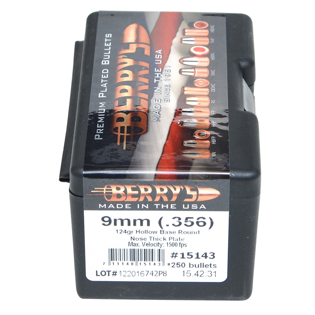 Berrys Berry's 15143 Superior Pistol 9mm/356 124gr Hollow Base Round Nose Thick Plate 250/Box