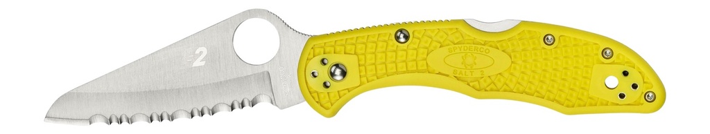 Spyderco C88SYL2 Salt 2  3" Folding Clip Point Serrated H1 Steel Blade Yellow Bi-Directional Texturing FRN Handle Includes Pocket Clip
