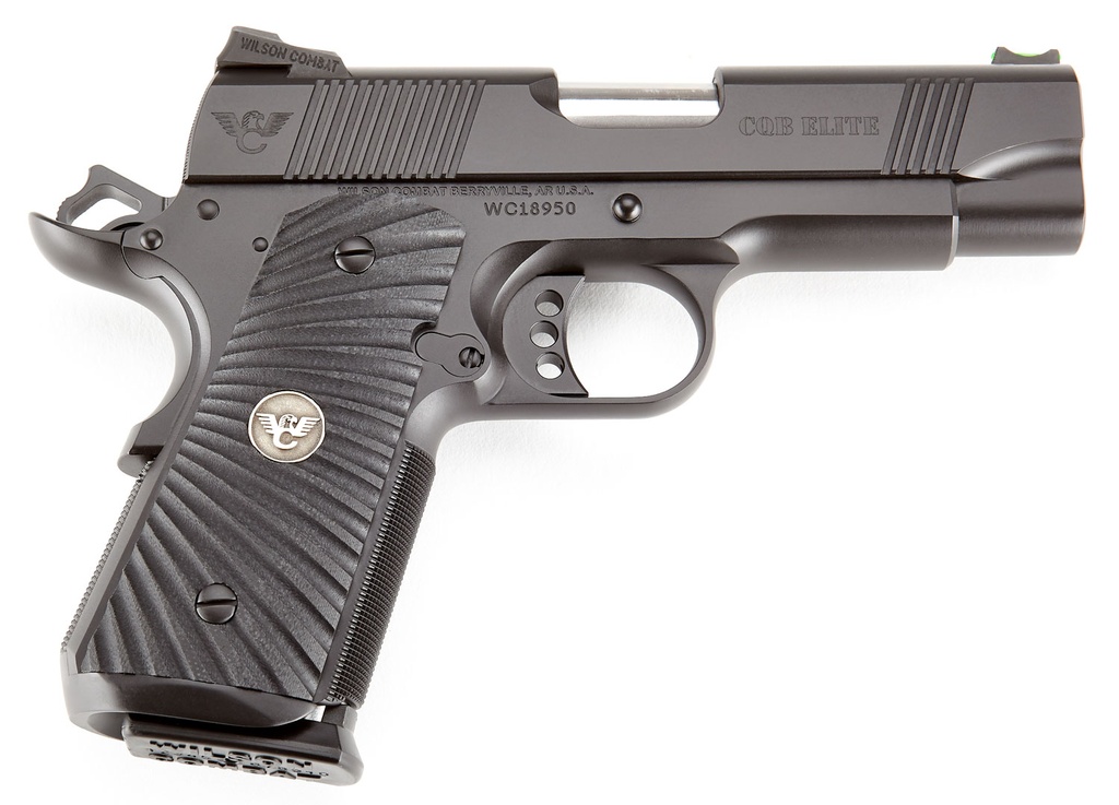Wilson Combat CQBECP45 CQB Elite Compact Frame 45 ACP 7+1 4" Stainless Match Grade Barrel, Black Serrated Carbon Steel Slide, Black Armor-Tuff Carbon Steel w/Beavertail, Black G10 Starburst Grip