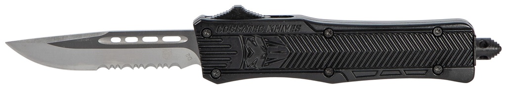 COBRA TEC KNIVES LLC CobraTec Knives SBCTK1SDS CTK-1  Small 2.75" OTF Drop Point Part Serrated D2 Steel Blade/ Black Aluminum Handle Features Glass Breaker Includes Pocket Clip