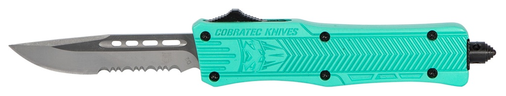 COBRA TEC KNIVES LLC CobraTec Knives STFCTK1SDS CTK-1  Small 2.75" OTF Drop Point Part Serrated D2 Steel Blade/ Tiffany Blue Aluminum Handle Features Glass Breaker Includes Pocket Clip