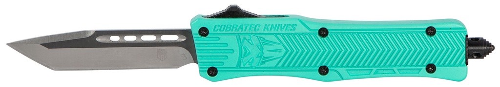 COBRA TEC KNIVES LLC CobraTec Knives STFCTK1STNS CTK-1  Small 2.75" OTF Tanto Plain D2 Steel Blade/Tiffany Blue Aluminum Handle Features Glass Breaker Includes Pocket Clip