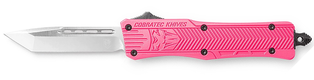 COBRA TEC KNIVES LLC CobraTec Knives SPKCTK1STNS CTK-1  Small 2.75" OTF Tanto Plain D2 Steel Blade/Pink Aluminum Handle Features Glass Breaker Includes Pocket Clip