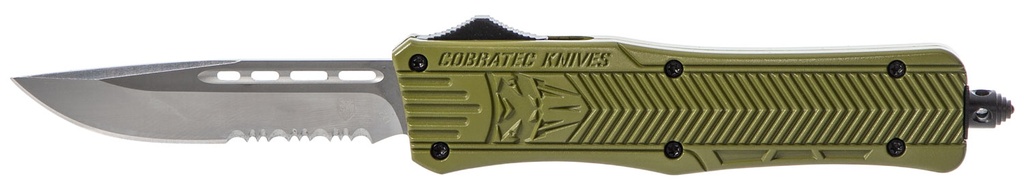 COBRA TEC KNIVES LLC CobraTec Knives MODCTK1MDS CTK-1  Medium 3" OTF Drop Point Part Serrated D2 Steel Blade/OD Green Aluminum Handle Features Glass Breaker Includes Pocket Clip