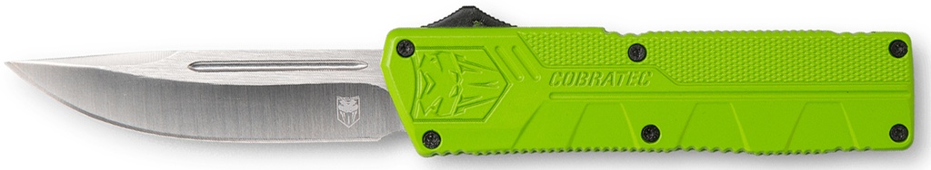 COBRA TEC KNIVES LLC CobraTec Knives ZBGCTLWDNS Lightweight  3.25" OTF Drop Point Plain D2 Steel Blade/Zombie Green Aluminum Handle Includes Pocket Clip