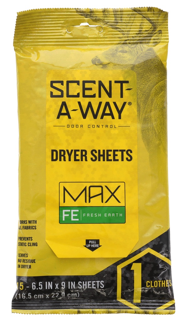Scent-A-Way 07708 Max Dryer Sheets Odor Eliminator Earth 15 Per Pkg