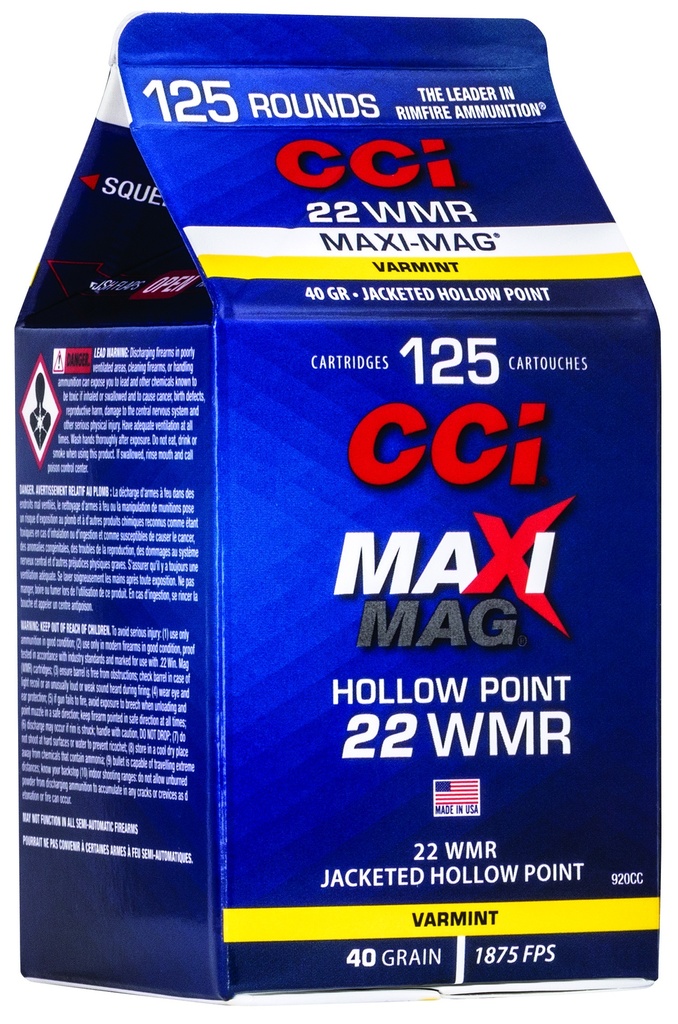 CCI 920CC Maxi-Mag Rimfire 22WMR 40gr Jacketed Hollow Point 125 Per Box/10 Case