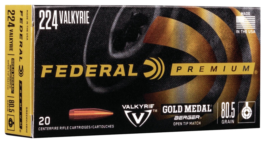 Federal GM224VLKBH2 Premium Gold Medal 224Valkyrie 80.5gr Berger Open Tip Match 20 Per Box/10 Case