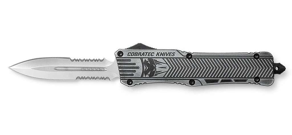 COBRA TEC KNIVES LLC CobraTec Knives LSWCTK1LDG2SS CTK-1  Large 3.75" OTF Dagger Part Serrated D2 Steel Blade/ Stonewashed Aluminum Handle Features Glass Breaker Includes Pocket Clip