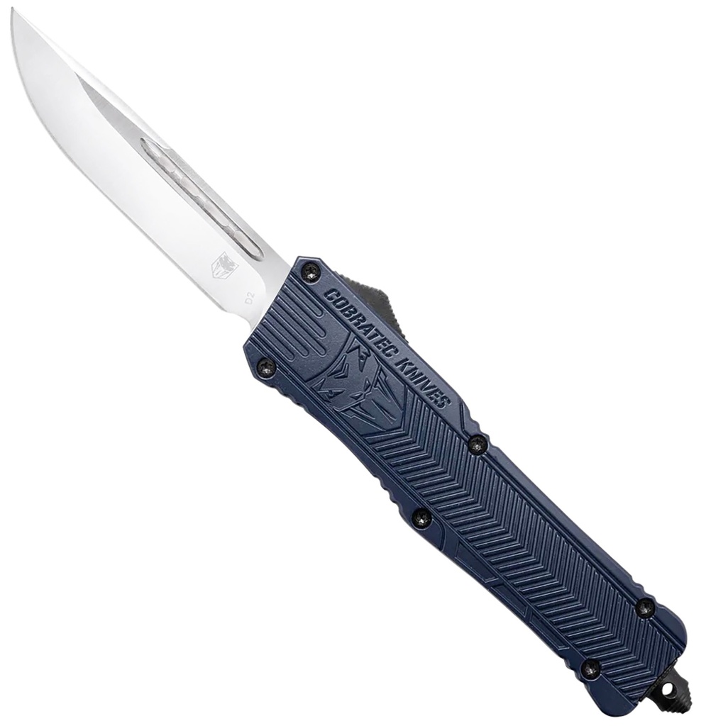 COBRA TEC KNIVES LLC CobraTec Knives LNYCCTK1LDNS CTK-1  Large 3.75" OTF Drop Point Plain D2 Steel Blade/NYPD Blue Aluminum Handle Features Glass Breaker Includes Pocket Clip