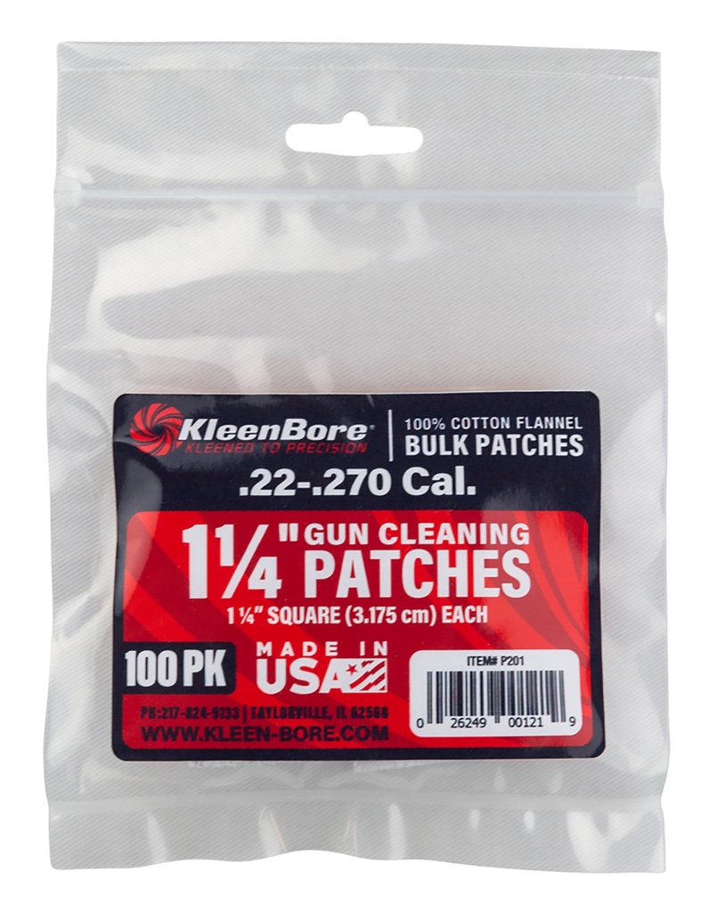 Kleen-Bore KleenBore P201 Super Shooter  .22 - .270 Cal 1.25" 100% Cotton Flannel 100 Per Pack
