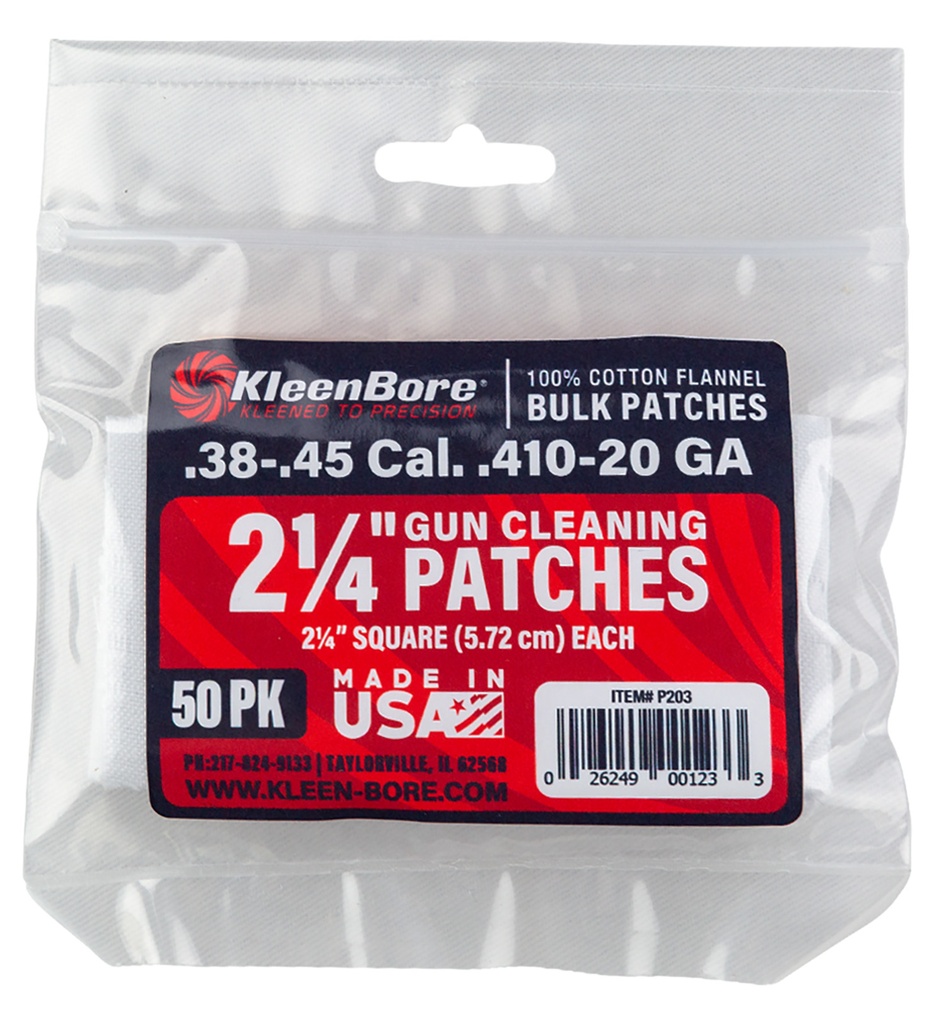 Kleen-Bore KleenBore P203 Super Shooter  .38/ .45 Cal 20/.410 Gauge 2.25" 100% Cotton Flannel 50 Per Pack