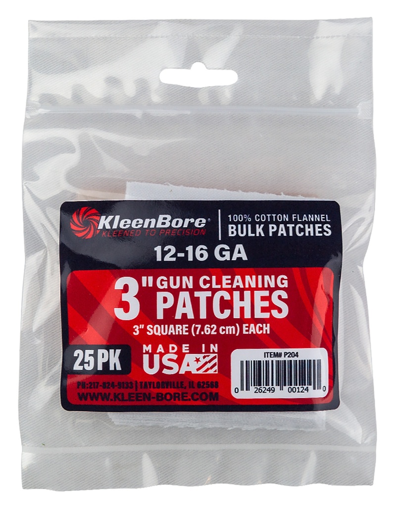 Kleen-Bore KleenBore P204 Super Shooter  12-16 Gauge Shotgun 3" 100% Cotton Flannel 25 Per Pack