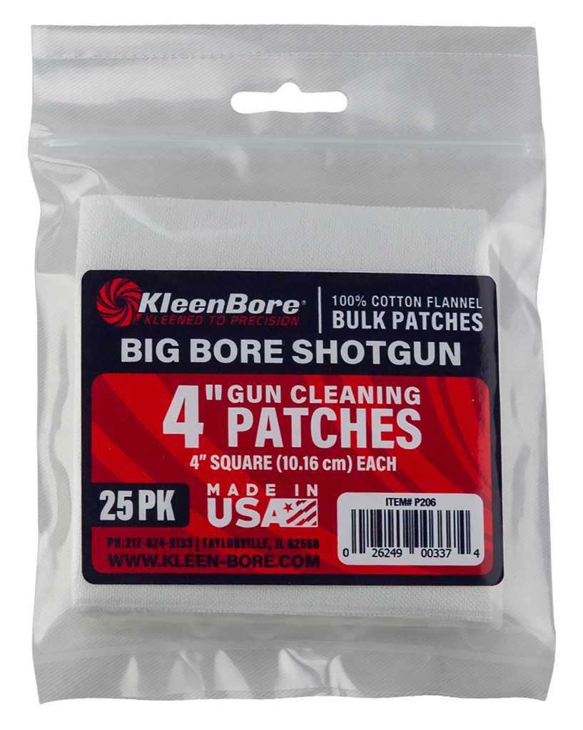 Kleen-Bore KleenBore P206 Super Shooter  Big Bore Shotgun/ 37/40mm Launcher  4" 100% Cotton Flannel 25 Per Pack