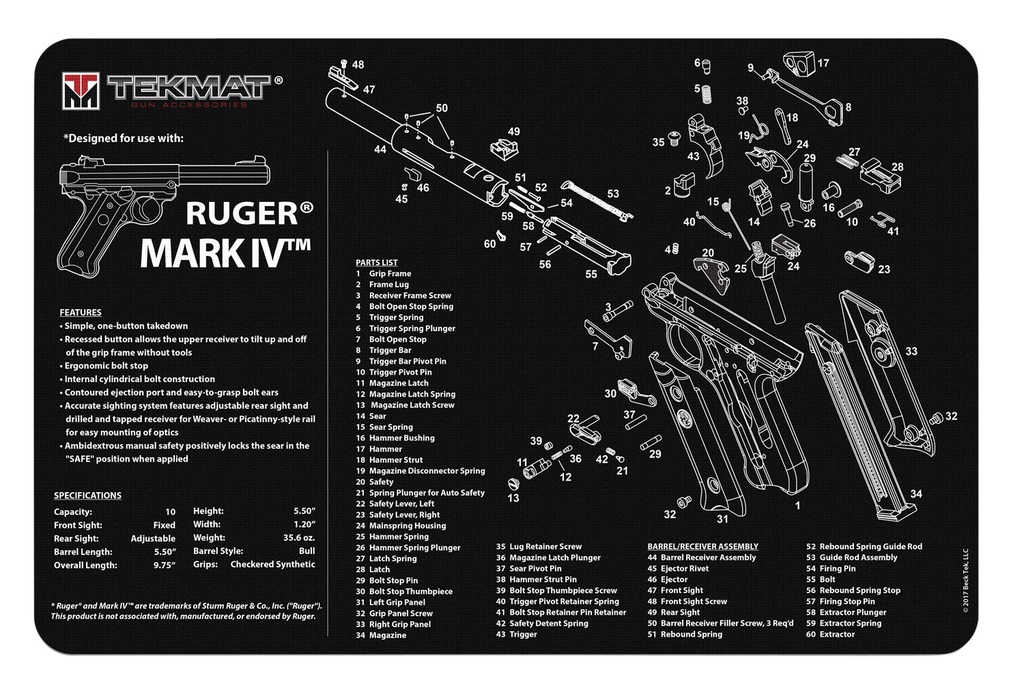 BECK TEK, LLC (TEKMAT) TekMat TEKR17RUGERMK4 Ruger Mark IV Cleaning Mat Black/White Rubber 11"x17" Ruger Mark IV Parts Diagram
