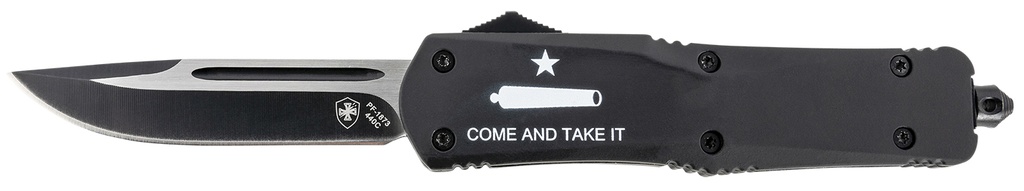 Templar Knife LCATI331 Gen II Come And Take It Large 3.50" OTF Drop Point Plain Black Oxide Stonewashed 440C SS Blade, 5.25" Black "Come And Take It" Aluminum Handle, Glass Breaker
