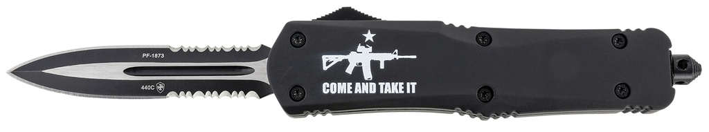 Templar Knife LAR15431 Gen II Come And Take It Large 3.50" OTF Dagger Part Serrated Black Oxide Stonewashed 440C SS Blade, 5.25" Black w/ "Come And Take It" AR-15 Gun Aluminum Handle, Glass Breaker