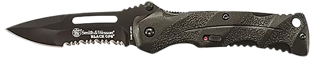 SW Knives Smith & Wesson Knives SWBLOP2BSCP Black Ops  3.40" Folding Drop Point Part Serrated 4034 SS Blade Black Includes Pocket Clip