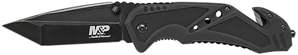 SW Knives Smith & Wesson Knives SWMP11BCP M&P Rescue 3.80" Folding Tanto Plain Black Stainless Steel Blade Black G10 Handle Features Glass Breaker/Seat Belt Cutter Includes Pocket Clip