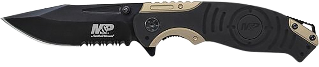 SW Knives Smith & Wesson Knives SWP13BSCP M&P  3.50" Folding Drop Point Part Serrated Stonewashed 8Cr13MoV SS Blade/Black & Tan Aluminum Handle Includes Pocket Clip