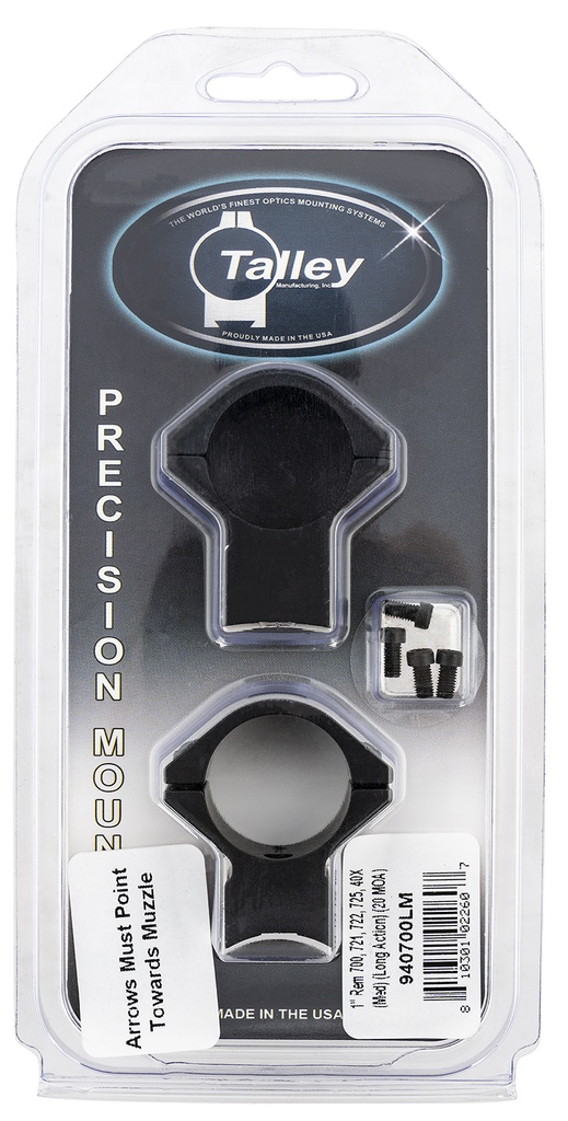 Talley 940700LM Scope Mount/Ring Combo  Black Anodized Aluminum 1" Tube Remington 700/721/722/725/40X Medium Rings Long Action 20 MOA